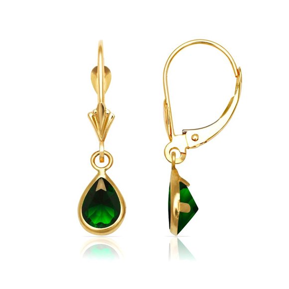 8x5MM Lab Created Emerald Leverback Earrings For Women In 14K Yellow Gold - Picture 1 of 1